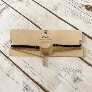 New Women's Black Cloie Braided Choker & Chain Necklace Crescent Shape Charm